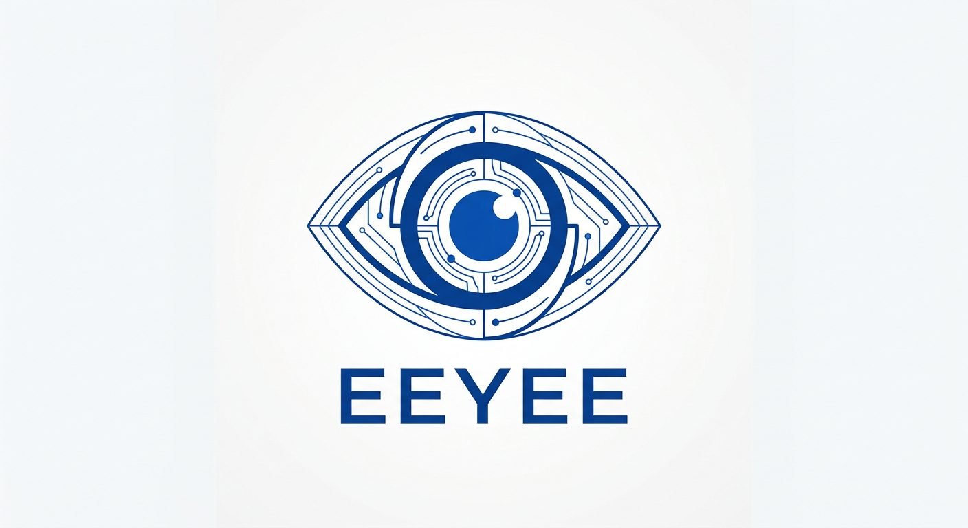 EEYEE logo: royal blue circuit eye emblem